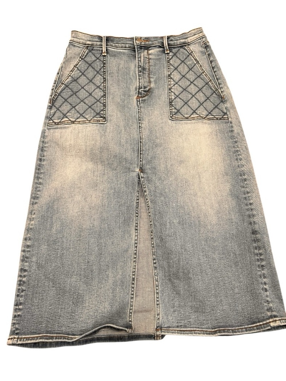 NWOT DRIFTWOOD Faded Blue Denim Midi Skirt with Quilted Patch Pockets